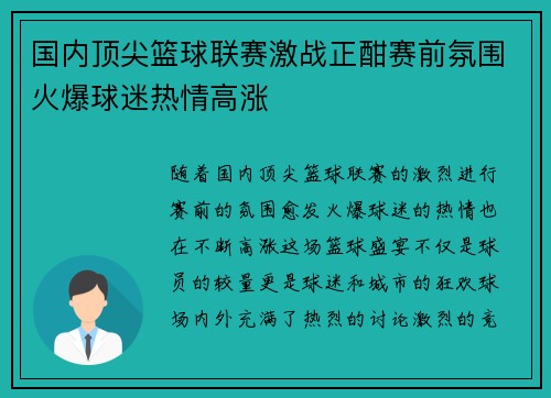 国内顶尖篮球联赛激战正酣赛前氛围火爆球迷热情高涨